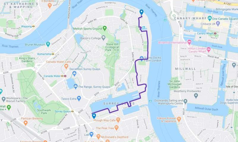 Surrey Quays and Rotherhithe Walking Tour Map